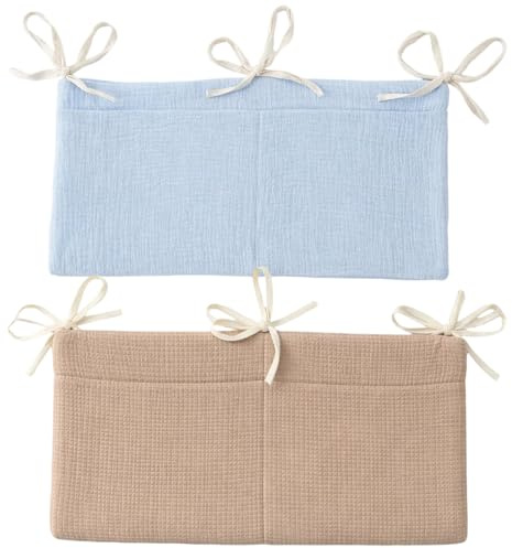 2 organizer per lettino con due tasche, organizer per lettino, in tessuto di cotone leggero, sicuro e traspirante, pratica conservazione per bottiglie, pannolini, giocattoli