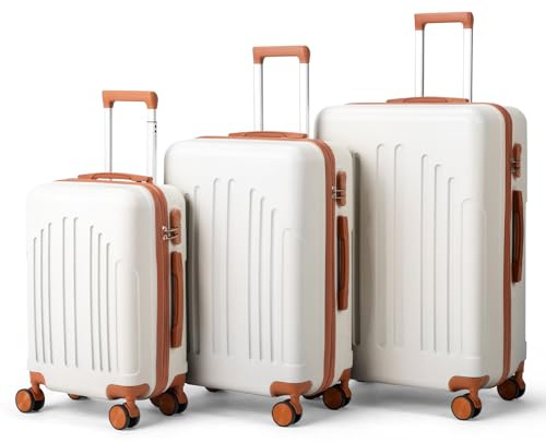 LALAHO Set de 3 Valises, Valise Grande Taille/Cabine (Beige-Brun) | Petite Valise, Bagage Suitcase en ABS