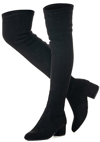 Mtzyoa Over Knee Boots for Women Black Size 9 Low Heel Thigh High Block Long OTK Winter Pointed Toe Stretch