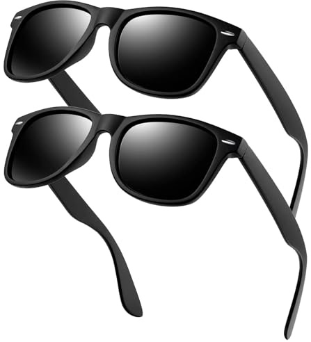 KANASTAL Occhiali da Sole Neri Uomo Donna Polarizzati Scuri Quadrati UV400 2 Paia Opachi Vintage Retrò Alla Moda Black Sunglasses Men per Spiaggia Viaggio Pesca -Nero Opaco + Nero Opaco