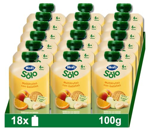 Hero Solo - Bolsitas Multifrutas con Galletas, Sin Conservantes ni Colorantes, Aceite de Palma, ni Azúcares Añadidos, Para Bebés A Partir de los 6 Meses - Pack de 18 x 100 g