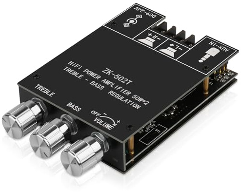 ZK-502T Power Amp Bluetooth 5.0 Audio Amplifiers Board 2.0 Channel 50W+50W AUX BT DC12-24V Mini Stereo Amplifier Module with Treble and Bass for DIY Home Speakers