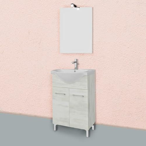 Kiamami Valentina - Mobile bagno a terra 55cm rovere bianco, lavabo e specchio 52x69 Rimini