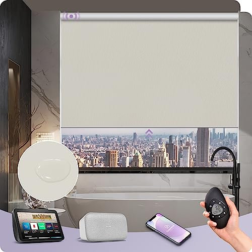 Graywind Customized Smart Roller Blinds Blackout, Vinyl Waterproof Electric Windows Blinds Compatible with Alexa Google, Rechargeable Motorised Roller Shades with Remote, Beige