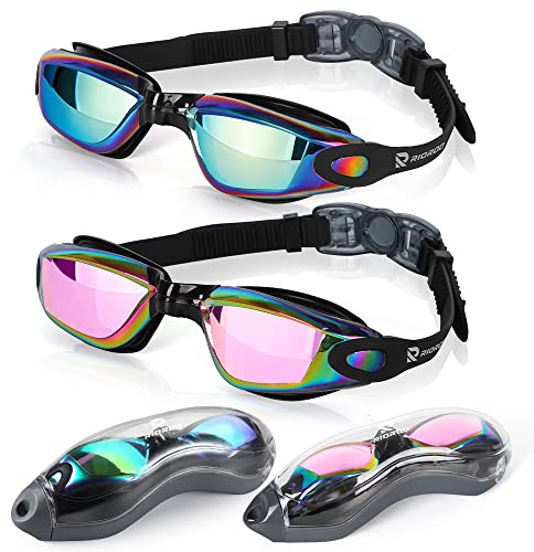 RIORIO Lunettes de Natation Adultes,Lot de 2 Lunettes Lunettes de Natation,Protection UV, Antibuée, avec des Verres Larges，Joints en Silicone Lunette Piscine pour Les Hommes, Les Femmes