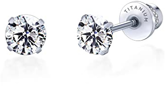 Limerencia Pendientes Titanio para Mujer Hombre, Cierre de Rosca Pendientes Antialergicos Doble Cara de Circonio Cúbico para Orejas Sensibles (5mm, Blanco)