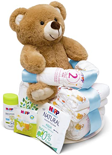 MilaBoo® Windeltorte Motorrad blau mit kuscheligen kleinen Teddybär I hochwertiges Neugeborenen Geschenk mit Windeln und PflegeproduktenI persönliches Babygeschenk zur Geburt