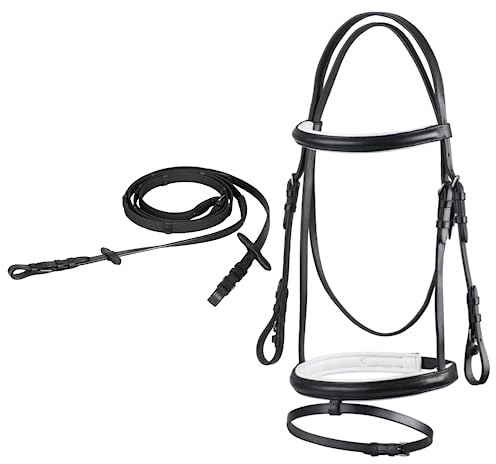 Start Trense Pferd mit Zügel – Anatomisches Trensenzaum Leder für Shetty, Pony, Vollblut, Warmblut, Kaltblut – Englisch kombiniertes Reithalfter, gepolstert & komfortabel (Shetty, Schwarz/Weiß)