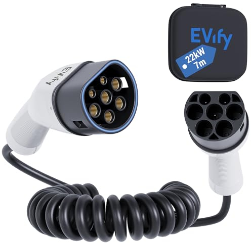 EVify Typ 2 Spiralladekabel 22kW 7M 32A für Elektroauto & Hybrid inkl. Kabeltasche • Spiralkabel 3 phasig für EV PHEV • Platzsparend, geeignet für alle E Autos Modell 3 S X Y, ID3, ID4, ID5