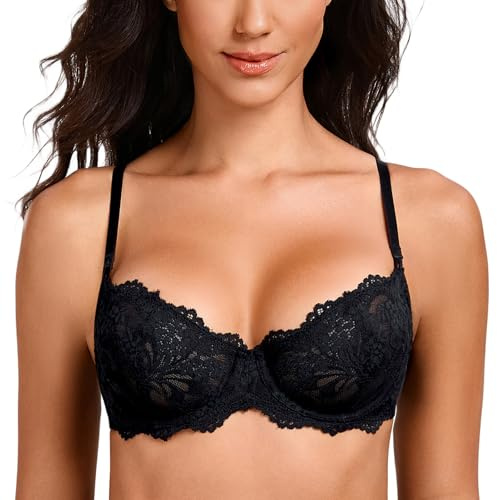 MELENECA Women's Sexy Lace Push Up Plus Size Sheer Balconette Underwire Unlined Bra Black 36D