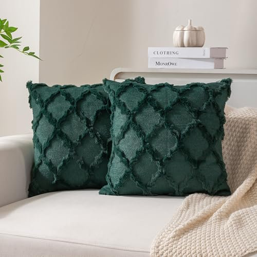 Ci & Ci 2er Set Boho Deko Kissenbezug 40x40 cm, Dunkelgrün Kissen Sofakissen Dekokissen Zierkissen, Flauschig Kissenbezüge Kissenhülle für Sofa Couch