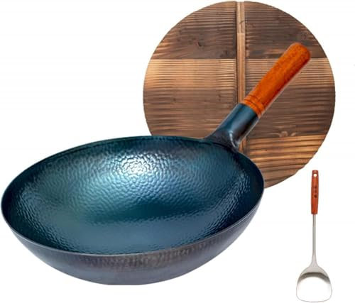 Wok chinois en fer martelé à la main et poêles à frire avec poignée et couvercle en bois, poêle à fond rond antiadhésive sans revêtement, idéale pour un usage domestique,34cm