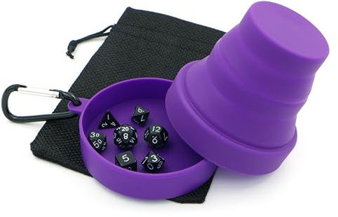 Delta Dynamic Products Travel Polyhedral Dice Cup Set – Folding Silicone Dice Shaker Cup with Lid, 7 Mini Dice and Drawstring Bag. For Dungeons and Dragons, RPG, Tabletop and Board Games.