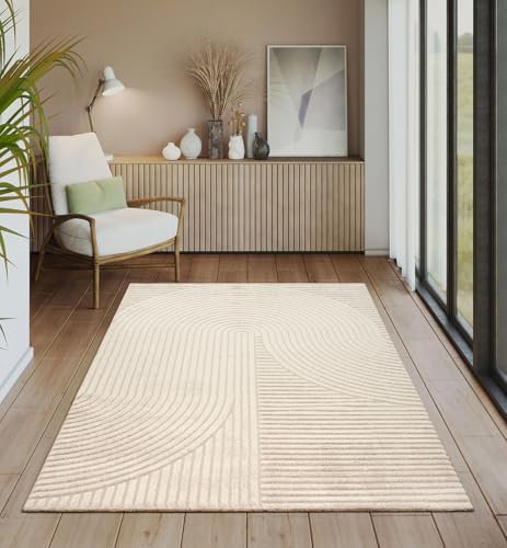 the carpet Everest Modern Short Pile Rug Living Room Bedroom with High-Low Effect, 3D Effect, High Pile Density and Pleasantly Soft, Panglao Design, Beige, 80 x 150 cm