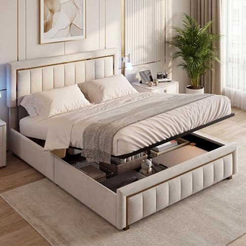 BPKADHY Cama Doble Tapizada 140 x 200 Con Almacenamiento Hidráulico, Cajón y Somier de Láminas de Madera - Estructura Moderna Con Cabecero y Respaldo - Funcional Para Jóvenes