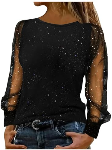SYDUZAX Haut Femme Paillettes Brillantes T-Shirt Sexy Manches Longues Fête Soirée Party Club Tops avec Paillettes Femme Chemisiers et Blouses Femme Chic et Élégant Vêtements Tunique Casual Loose