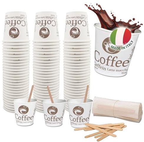 Caffetti 150 vasos de café de 3 oz + 150 paletas, vasos de papel de 90 ml fabricados en Italia, paletas desechables de madera de abedul reciclables, para restaurantes, oficinas, para llevar, bares,