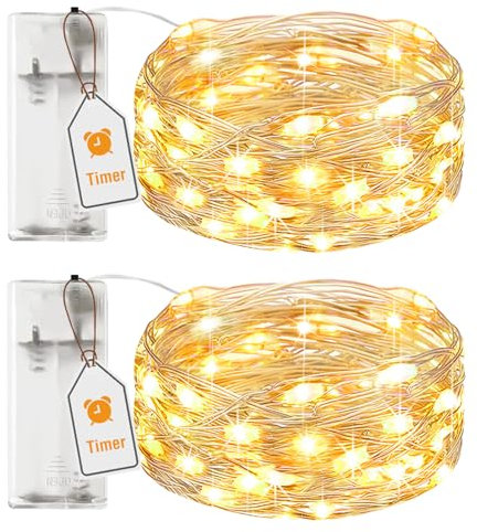 btfarm 2 Pack Fairy Lights Battery Operated with Timer, 2M 20LED Small Sliver Wire String Lights Waterproof, Micro Battery Powered Christmas Lights for Indoor Bedroom Party Wedding, Warm White