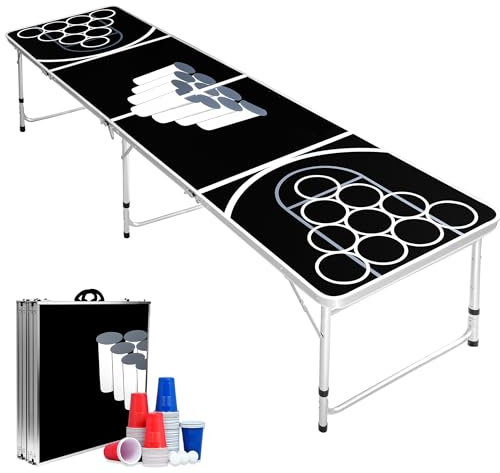PEILU Party Trinkspiele für Erwachsene Bierpong Tisch Set inkl. 5 Bälle & 100 Becher (50 Rot & 50 Blau) Höhenverstellbar Beer Pong Table aus Aluminium & MDF Platten Klappbare Partytisch