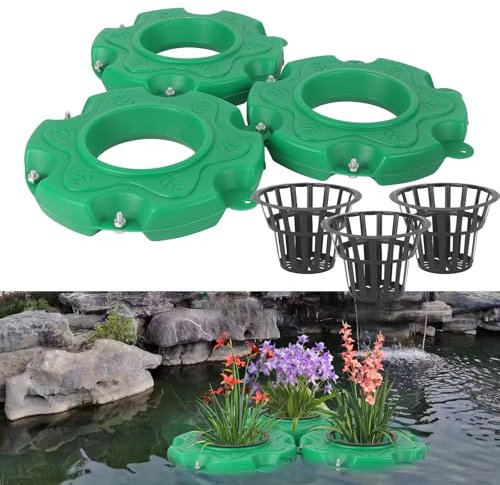 GHIBFBT Floating Pond Planters, Decorative Hydroponic Island Garden Planter for Aquatic Plants, Plastic lant Baskets for Pool, Landscaping (3, Round+Black pot)