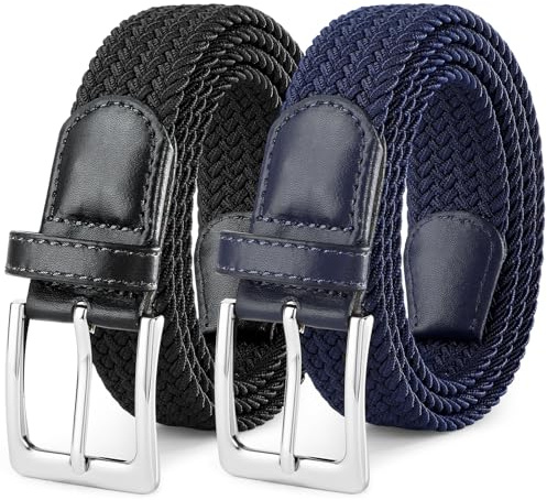 SUOSDEY 2-pack elastiska flätade bälten för män, unisex, män, kvinnor, stretchtyg, bälte, vävda midjebälten för jeans, shorts, byxor, 3,3 cm bred, Svart+blå (silverspänne), fits waist 45-55