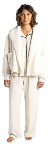 OHS Womens Cardigan Waterfall Teddy Fleece Shorter Length Open Front Long Sleeve Wrap Style Cardigan Sweater with Pockets Ultra Soft Warm Casual Wear & Lounging, Cream-L/XL