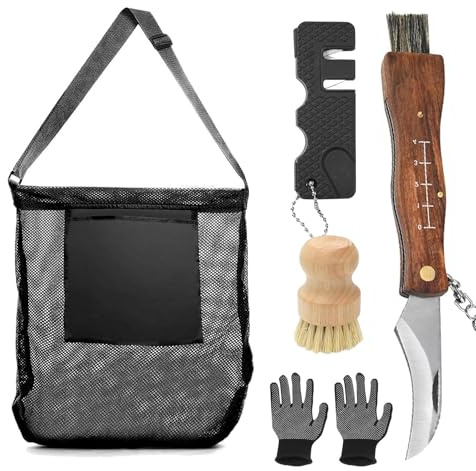 Tutamaz Pilzmesser mit Bürste, Schwammerlmesser mit Pinsel, Pilze Taschen Enthalten Pilzbeutel, Handschuhe,Kompass & Lineal, Holzgriff klappmesser mit Pilzbürste Sammeln Taschenmesser Für Pilzsammler