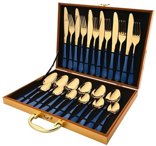 NobesOnbet 24-piece set of stainless steel tableware, blue and gold knives, forks, coffee spoons, and wooden gift boxes for dinner utensils
