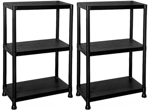 PREMZO Plastic Storage Shelving Unit 3/4/5 Tier Durable Lightweight Freestanding Rack Organiser for Garage Shed Warehouse Home Utility Workshop Storage Black (2, 3 Tier)