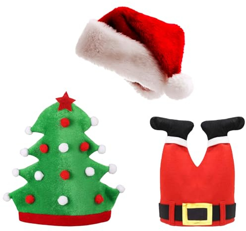 AYNKH 3Pcs Novelty Christmas Hats Set - Unisex Adult Santa Hats, Xmas Tree Hat & Santa Pants Pattern Hat for Christmas, Festive Holiday Decor, Winter Parties