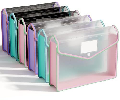 ABC life Plastplånböcker A4, 6 st plastmappar för pappersarbete A4, dokumentmapp i polyfickor med knappstängning, genomskinliga svarta kuvert för skola kontor hem, blandade färger