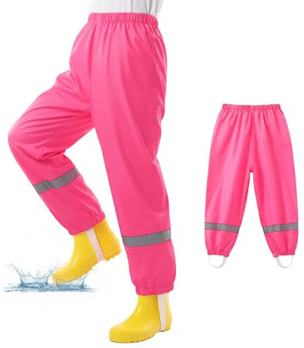 WUDEUI Waterproof Trousers Kids, Lightweight Rain Overtrousers for Boys Girls, Mud Proof Rainy Pants with Reflective Strip for Toddler Children Age 3-10 Years School Outdoor Play Rosered