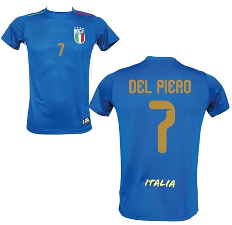 Generico Maglia Italia Calcio del Piero 7, Blu con Stampe in Oro, Replica Maglietta Nazionale Italiana, Taglie da Adulto e Bambino (IT, età, 10 Anni)