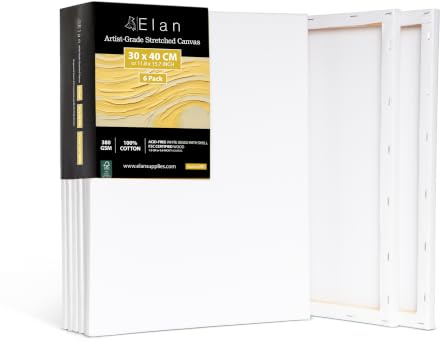 Elan Stretched Canvases 30x40 CM, 6-Pack Artist Canvas for Painting 380 GSM | Triple Primed Painting Canvas 380 GSM, Acid-free, Made From 100% Natural Cotton Fiber, Ideal for Oil Painting