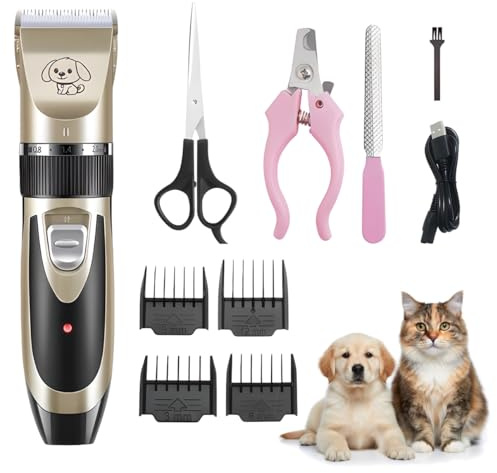 Cortapelos para Mascotas 4 en 1 Profesional, Maquina Cortar Pelo Perros y Gatos con 4 Peines Guía 3-6-9-12 mm, Kit Grooming con Tijeras, Peine y Lima, Motor 10W, Batería 1500mAh