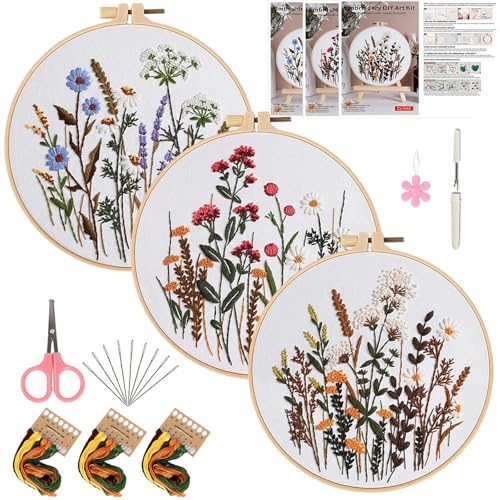 Herdiese Embroidery Kit for Beginners & Adults, 3PCS Floral Patterns.