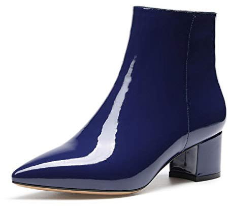 Castamere Femme Fermeture Eclair Bottines Moyenne Bloc Talon Bottes 5CM Bleu foncé Vernis Bottes EU 38