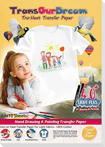 TransOurDream Tru-Heat Transfer Paper T-Shirt Drawing Paper & Painting Iron on Transfers Printable Vinyl Htv for Light White Fabrics 10 Sheets A4 for Kids Artist(plus-04-10)