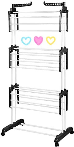 Stendibiancheria a Torre Da Pavimento Torre stendibiancheria 2 in 1, con 4 ali pieghevoli su 3 livelli, stendibiancheria pieghevole per famiglie numerose,75*64*170 cm (nero + bianco)