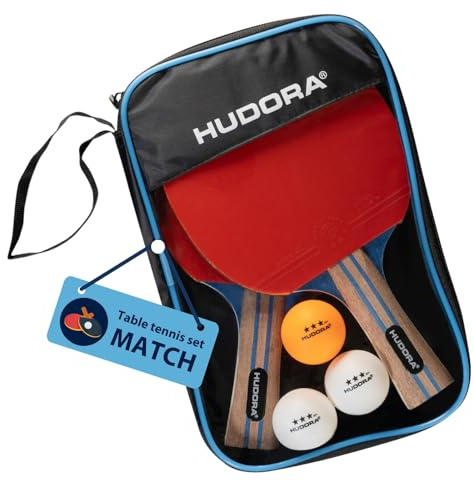 HUDORA Tischtennis Set Match - hochwertiges Tischtennisschläger Set mit 2 Schlägern & 3 Bällen - Ping Pong Schläger Set inkl. Aufbewahrungstasche - Tischtennis Schläger ideal für Geübte
