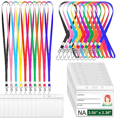Honoson 100 Sets Name Tag Lanyards Bulk for Kids with ID Badge Holder Clear Plastic Horizontal Cruise Necklace Lanyard for Classroom Adults Kids Business School Keys (Multicolor)