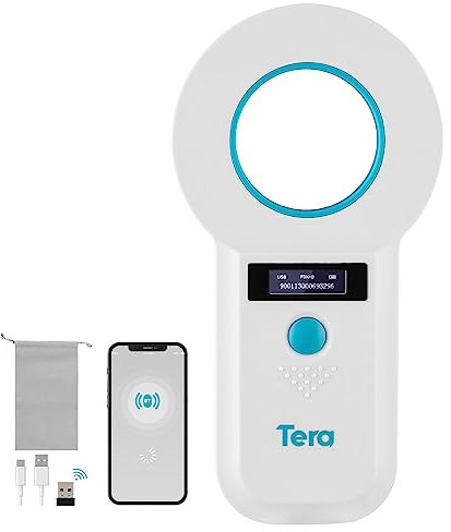 Tera Pet Microchip Reader Scanner Animal Chip ID Scanner with OLED Display Screen Rechargeable Data Storage Fast Wireless Exchange Tag Scanner for Dogs Cat Animal Management Blue Botton
