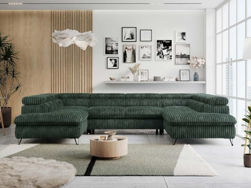 MKS MEBLE Cord Sofa U-Form Grün, Wohnlandschaft U-Form, Sofa mit Schlaffunktion und Bettkasten, Schlafsofa mit Bettkasten, Couch mit Verstellbare Kopfstützen - Peter U - Grün Cord