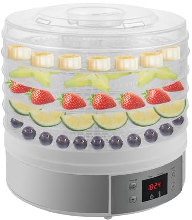 Dörrautomat, 280W Dörrgerät für Lebensmittel, Dehydrator mit 5 Etagen, 360°-Wärmezirkulation, Dörrapparat für Obst, Fisch, Fleisch, Rinderhackfleisch, 35-68℃ Einstellbar, Silber