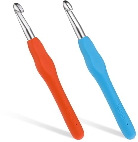 2 Stück Häkelnadeln, 9,0 mm, 10,0 mm Häkelnadeln, Stricknadeln mit ergonomischem Griff für arthritische Hände, Bunt TPR Griff Häkelnadel für Anfänger und Häkelgarn