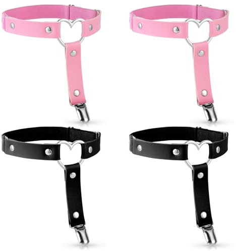 cobee Strumpfband Leder, 4 Stück Verstellbar Elastische Strumpfbänder Leder Bein Strumpfhalter Schwarz Rosa Anti Rutsch Clip Strumpfhalter Gothic Punk Oberschenkelring-Strumpfgürtel Halloween Zubehör