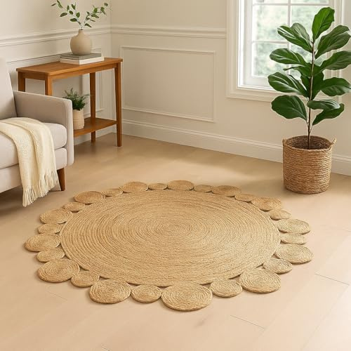 GULAAL ART Hand Woven Braided Flower Jute Rug Natural Fibers Area Rugs Reversible Rug for Living Room Dining Room, Hallway, Office, Kitchen, Entryway 3 Feet Round (Beige Foral, 3 FT)