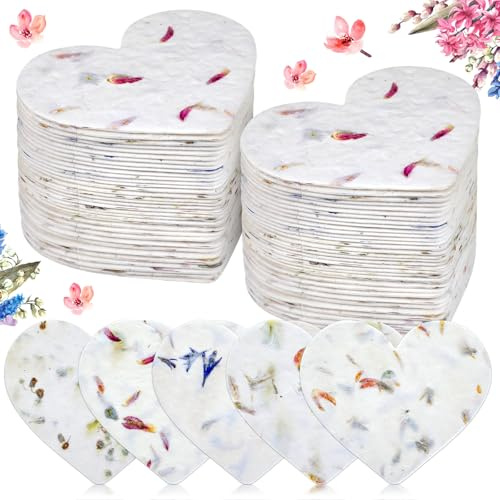 Dunzoom 50 Pcs Handmade Seed Paper Plantable Wildflower Seed Paper Recycled Flower Petals Tags Wedding Favors for Guests Craft Gifts Cards for Envelope Birthday Party, 5 Styles (Heart)