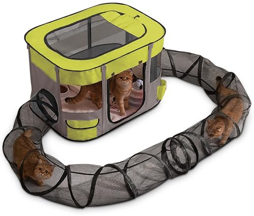 ALLSOPETS Recinto per Gatti con Tunnel Recinto Interattivo Pieghevole per Gatti con Ampia Area di Gioco Tenda Esterna Sicura per Gatti Domestici Piccoli Animali e Cuccioli (Verde, XL)