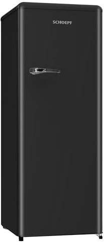 SCHOEPF – RKS245B Vollraum-Kühlschrank 145,6 cm – Retro Design – 238 L – LED-Beleuchtung – Höhenverst. Füße – 40 dB – Schwarz – Freistehend – Vintage Look - Getränkekühlschrank, Standardkühlschrank